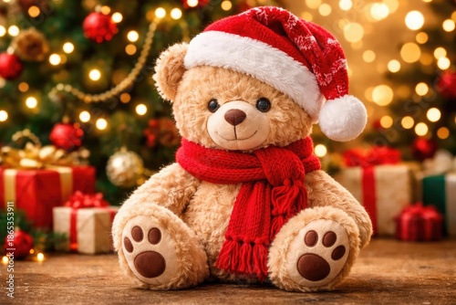 Delightful teddy bear plush wearing a festive hat with bright Christmas background