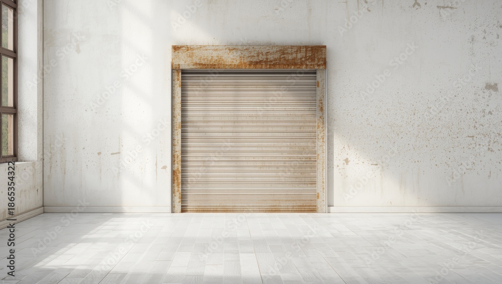 Fototapeta premium Roll up metal door used as a background for commercial storefronts, highlighting durability and security