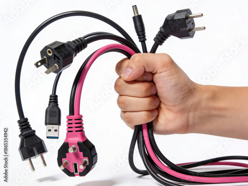 A hand is holding a bundle of wires, including a USB cable, a power cord