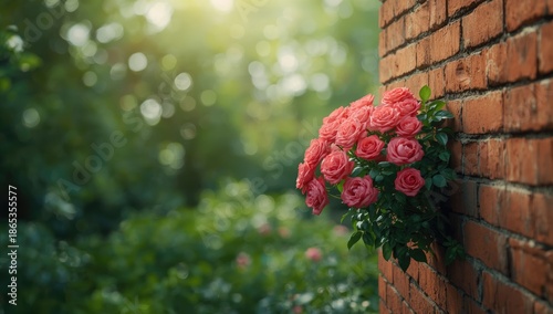 Red brick surface with a flower, botanical element for decorative or editorial use
