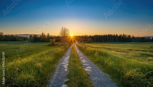Country lane with grassy fi...
