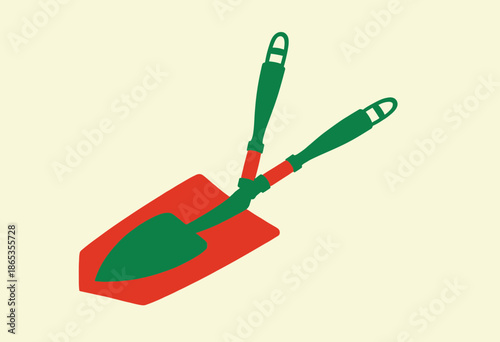 Illustration of a Red and Green Dual-Handed Garden Trowel with Elegant Design for Efficient Soil Digging and Gardening Activities