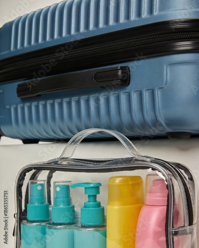 A clear plastic case with a blue suitcase next to it