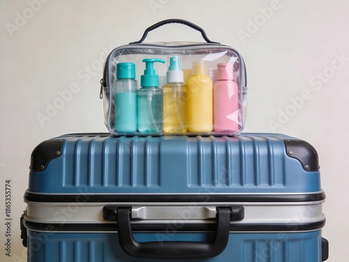 A clear case with a blue suitcase on top of it