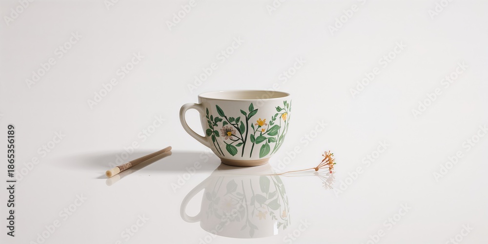 Fototapeta premium Decorative ceramic mug with painted design on a white surface, ideal for editorial header backgrounds