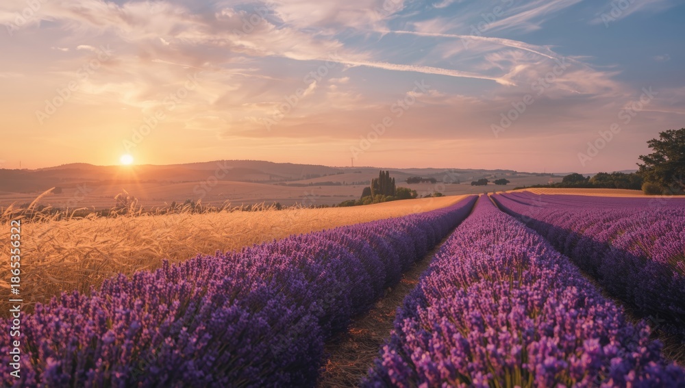 Fototapeta premium Lavender field in Provence with extensive purple blooms for agricultural use, floral landscape, Earth Day