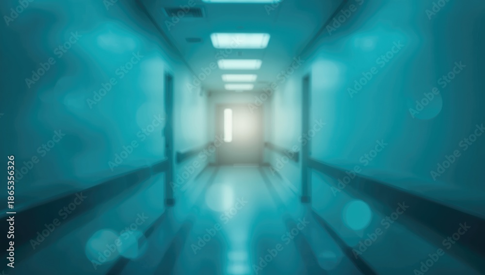Fototapeta premium Out-of-focus hospital hallway with blue hues serving as a backdrop for medical information display, healthcare communication
