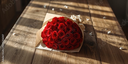Red roses wrapped in paper placed on a table, ideal for floral presentation background