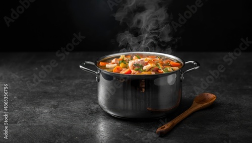 Chicken broth with ham in a saucepan on a dark background, suitable for restaurant menu layout analysis