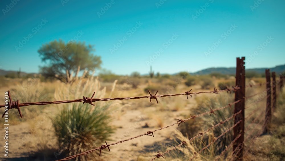 Fototapeta premium Sparse desert flora adjacent to a barbed wire barrier, highlighting environmental preservation concerns