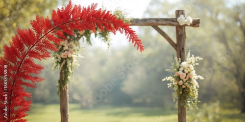 Red-themed wedding arch wit...