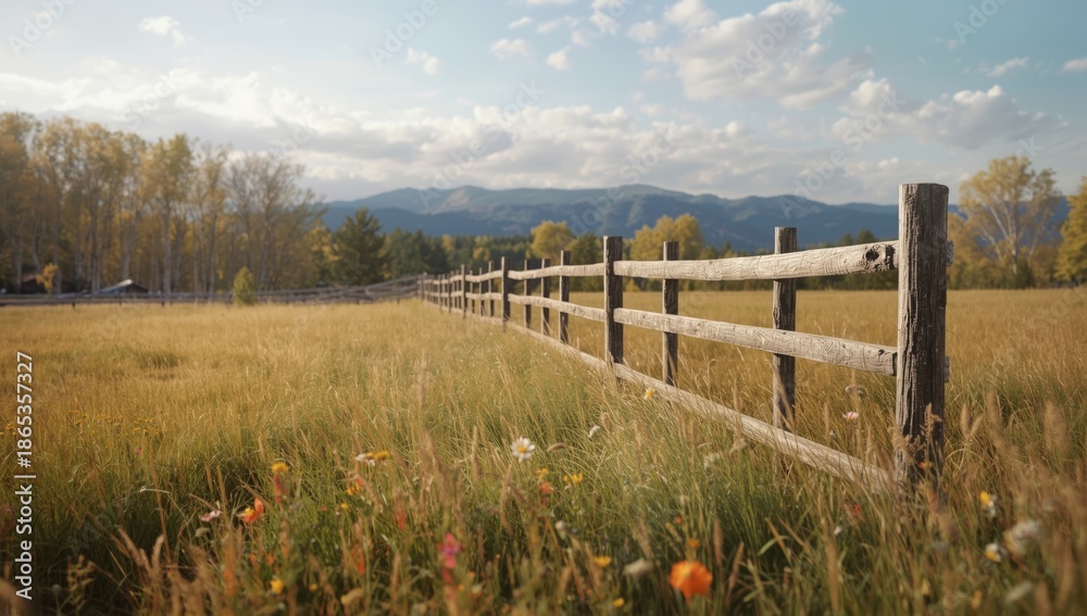 Obraz premium Deciduous birch forest backdrop with a wooden pasture fence in a rural mountain setting