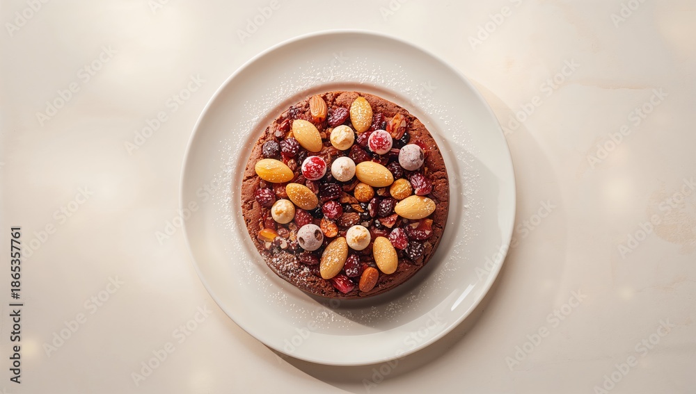 Fototapeta premium Fruit cake on a white plate, highlighting rich ingredients and traditional baking style, holiday or seasonal celebration