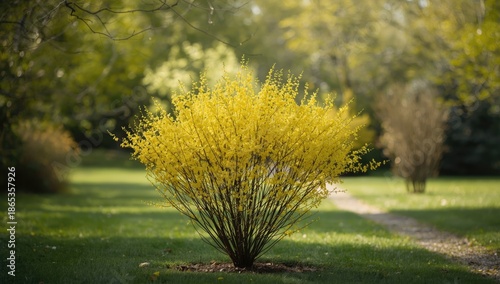 Forsythia shrub in full bloom, springtime floral display, natural landscape