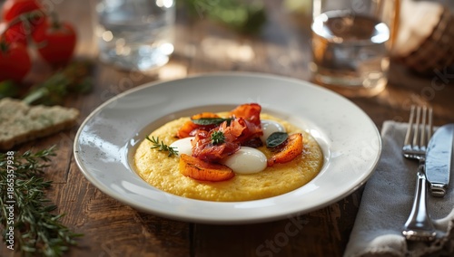 Polenta topped with bacon a...