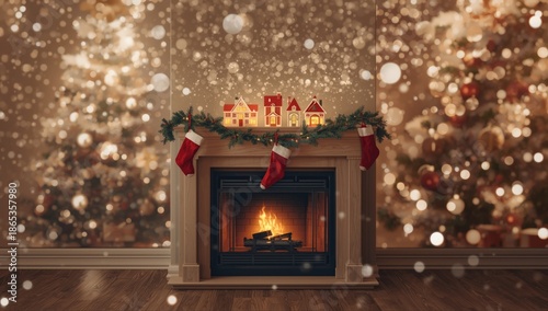Festive fireplace adorned w...