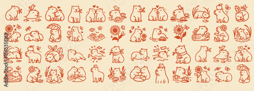 Cute line art capybara icons in warm terracotta color, various romantic and nature poses with flowers, hearts, birds, mushrooms, lotus ponds, seamless horizontal banner on beige background