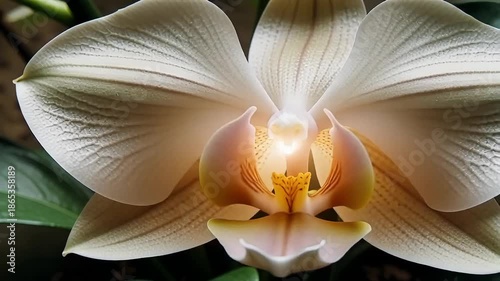 Close-up of a white orchid with lush green leaves in a serene setting