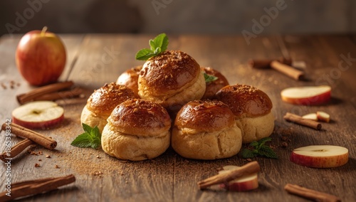 Baked buns with apple slice...