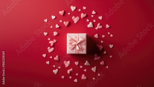 Holiday-themed banner with gift box and hearts on red background, designed for Valentine's Day promotions