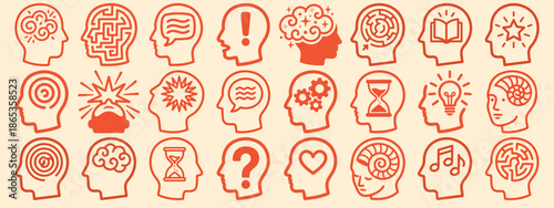 Line art icon set of red stroke head profiles showing diverse brain symbols and mental concept icons on beige banner
