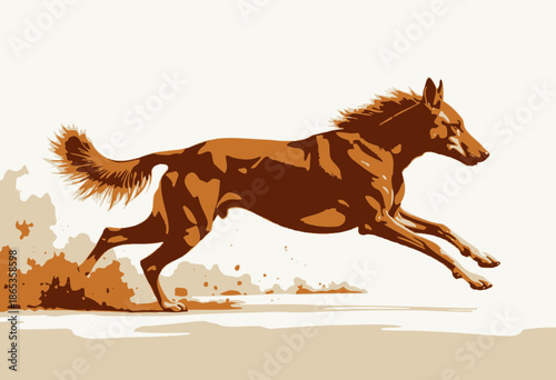 Dynamic illustration of a sleek, fast dog with a glossy rust-colored coat sprinting energetically on a minimalist background, depicting motion and agility