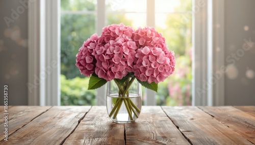 Vase of pink hydrangea flow...