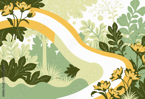 A Vibrant Pathway Through Lush Greenery with Blossoming Orange Flowers in a Stylized Botanical Landscape