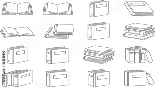 A collection of 15 black and white line drawings of books in various orientations and stacks