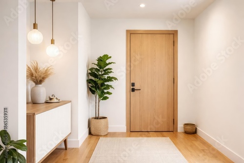 Fresh modern corridor scene with wooden door and usable copy space