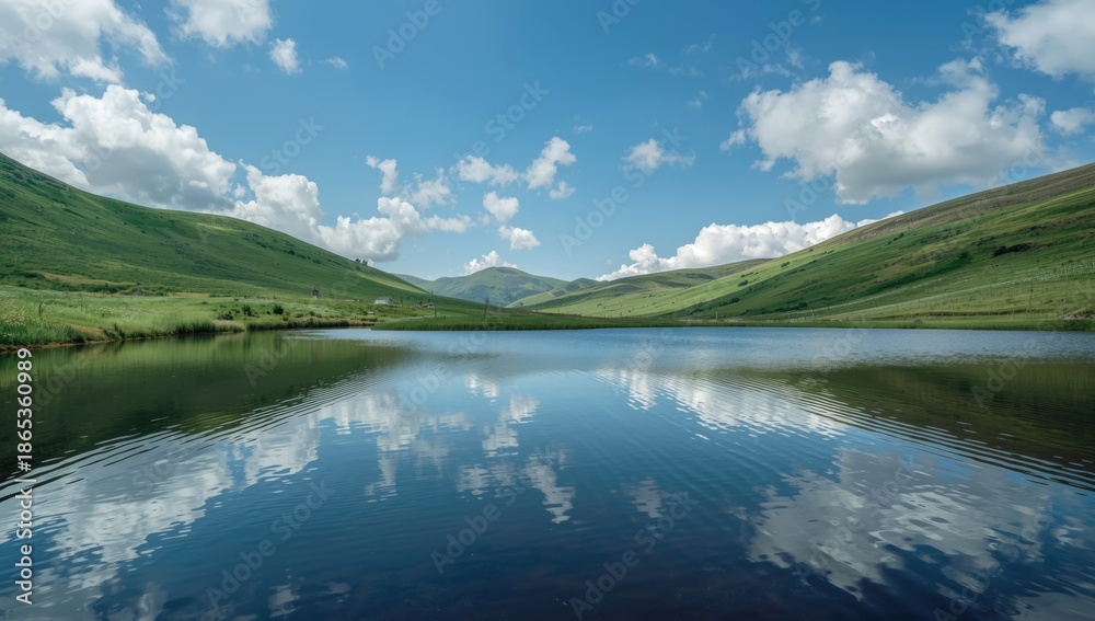 Fototapeta premium Tranquil water body bordered by gentle hills under bright blue sky, suitable for editorial header background