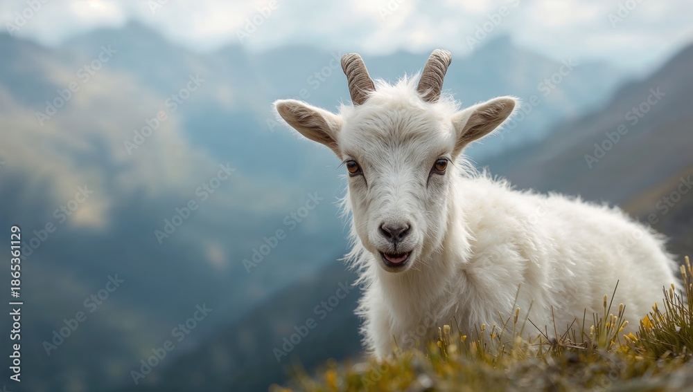 Obraz premium Young mountain goat captured in a natural setting, focusing on its physical features and habitat, ideal for wildlife documentation