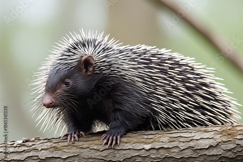 Close up profile of a porcupine sitting on a tree branch, showcasing its sharp quills and cautious expression, captured in a natural outdoor setting