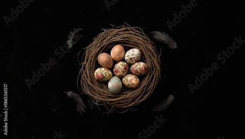 Eggs in nest against black ...