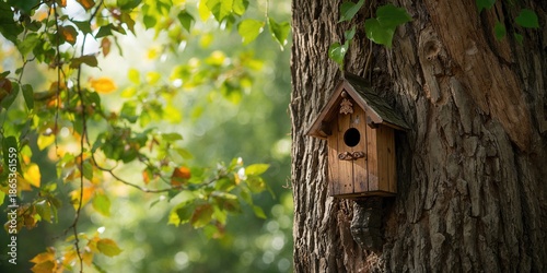 Wooden birdhouse mounted on...