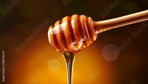 close up of sweet golden honey dripping from wooden dipper