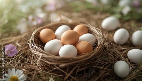 Farm scene with duck eggs i...