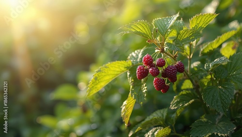 Lush raspberry bush bearing...