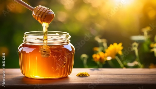 golden honey pouring into a jar on a wooden table with a vibrant natural background