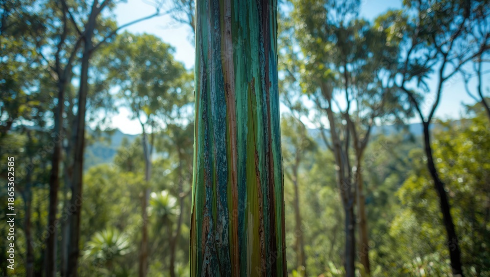 Obraz premium Vivid eucalyptus bark in a forest setting, highlighting natural growth patterns
