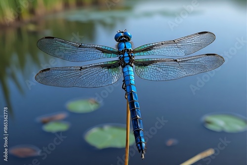 Vibrant blue dragonfly on reed above tranquil pond. Detailed close-up captures intricate wings and iridescent body, a marvel of wetland life