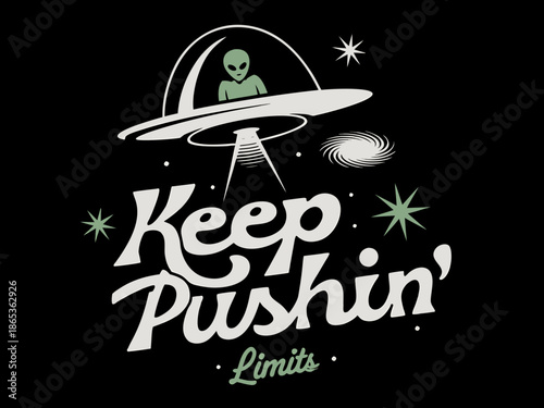 A retro-style graphic design with a black
background featuring a UFO illustration in white. The UFO has a domed top with a green alien figure inside, and a spinning disk base