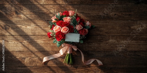 Blooming roses accompanied by a blank greeting card, ideal for special occasion messages on Mother's or Women's Day