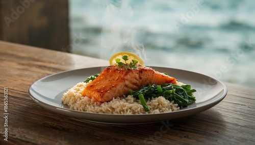 Baked salmon alongside lemo...