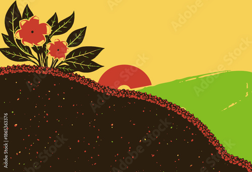 Vibrant Morning Sunrise Above the Fertile Soil with Blossoming Flowers and Lush Green Hills in a Serene Natural Landscape Scene