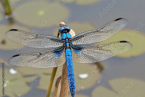 Vibrant blue dragonfly with intricate transparent wings perched delicately on a slender twig, observing its serene pond habitat amidst lush green water plants