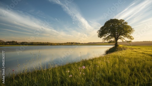 Scenic lake view with lush ...
