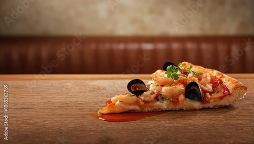 Seafood pizza served on a w...