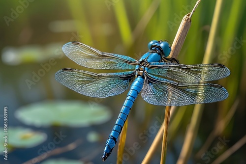 Vibrant blue dragonfly with delicate, intricate wings, perched on a slender reed by tranquil water, showcasing wetland beauty