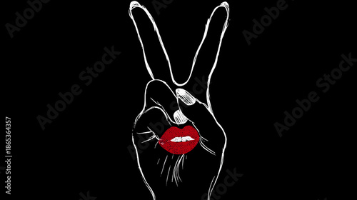 Graphic illustration of a hand making a peace sign with vibrant red lips against a sleek black background, modern design.